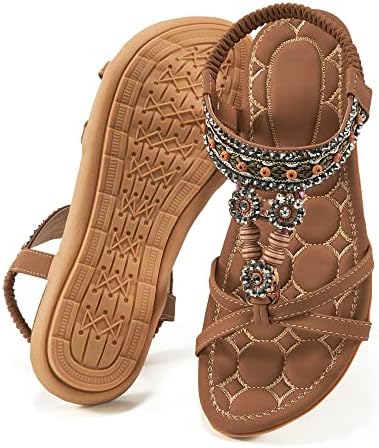 Alicegana Womens Sandals Dressy Summer: Comfortable Bohemian Flats Elastic Ankle Strap Walking Beach Shoes