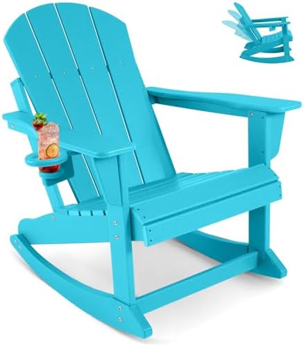 ABCPATIO Outdoor Rocking Chair, HDPE Poly All-Weather Patio Rocking Chairs with Cup Holder for Adults, Porch Rocker for Deck Patio Balcony, 440lbs, Turquoise