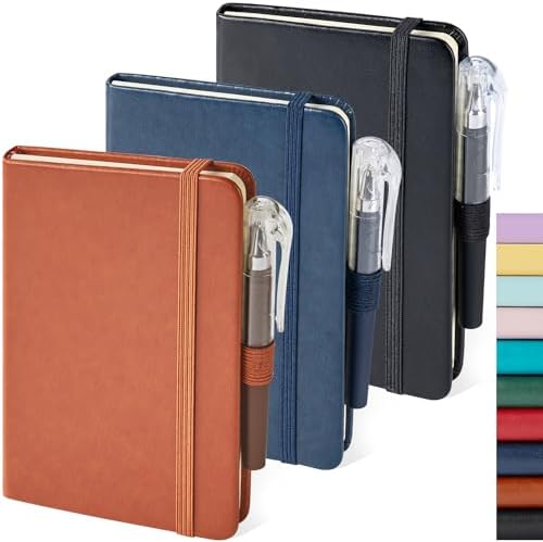 NIRMIRO Pocket Notebook Diary, a small notebook for taking notes, A6 mini note with pen holder, 408 horizontal grid pages, 9.4 cm x 4.5 cm, black, brown, blue