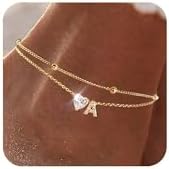 MYYOII Ankle Bracelets for Women Waterproof 14K Gold Plated CZ Initial Anklet for Women Dainty Layered Letter Heart Ankle Bracelets Handmade Adjustable Foot Chain Anklet Summer Beach Jewelry