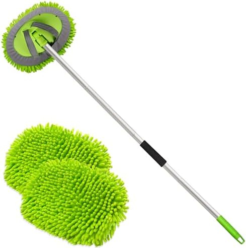 anngrowy 62&#34; Microfiber Car Wash Brush Mop Kit Mitt Sponge with Long Handle Car Cleaning Supplies Kit Duster Washing Car Tools Accessories, 1 Chenille Scratch-Free Replacement Head Aluminum Alloy 