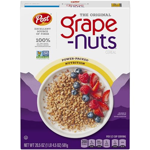 Post Grape Nuts Original Breakfast Cereal, Crunchy Whole Grain Wheat and Barley Cereal, Non-GMO Project Verified, 20.5 OZ Box