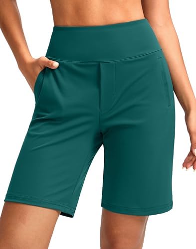 SANTINY Women&#39;s 9&#34; High Waisted Bermuda Shorts with 4 Pockets Knee Length Long Shorts for Women Workout Athletic Casual