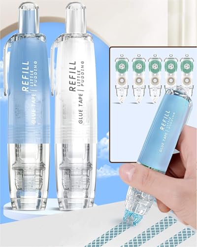 Refillable Glue Tape Roller - 2 Pack Double Sided Craft Tape Runner with 5 Tape Runner Refill (0.24 in X 16.40 Ft, Each roll), Two Sided Tape for Crafts, Office Scrapbook Craft Supplies