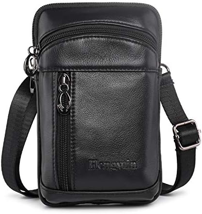 Hengwin Small Leather Crossbody Shoulder Bag Men Belt Clip Phone Holster Case Belt Loop Pouch Waist Bag Pack Fit for iPhone 16 15 14 13 Pro Max 8 Plus Galaxy Note 9 8 S24\/S23 Ultra S9\/S8 Plus (Black