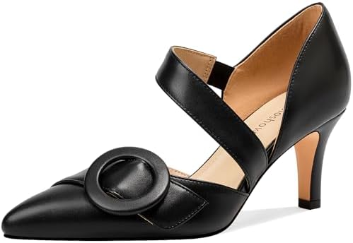 Manoloshow Women&#39;s Pointed Toe D&#39;Orsay Pumps with Fashion Round Buckle, Closed Toe 3&#34; Stiletto High Heels with Comfy S Elastic Strap for Dress Work Office Shoes