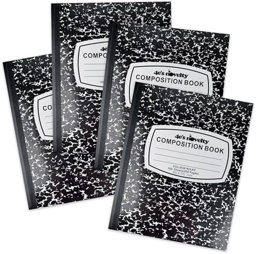 4E&#39;s Novelty College Ruled Composition Notebooks 4 Pack - Hard Cover 100 Sheets 9.75&#34; x 7.5&#34; for Notetaking, Black Marble Bulk Compositon Book, Back to School Supplies For Students Boys Gi