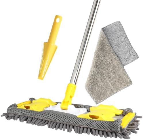 Flat Dust Mop for Floor Cleaning with Microfiber &amp; Chenille Washable Pads and 1 Dirt Removal Scrubber,Wet&amp;Dry Floor Mop with Adjustable Long Handle for Home,Hardwood,Laminate,Tile,Marble