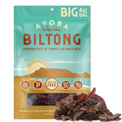 Ayoba Traditional Grass Fed Beef Biltong Slices (4 Ounce, Pack of 1) - Keto Friendly Air-Dried Grass Fed Beef Paleo Snacks - Gluten Free, Whole 30 Approved, Sugar free, No Carb Meat Snacks