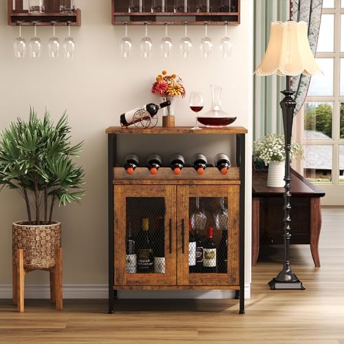 X-cosrack Wine Bar Rack Cabinet with Detachable Wine Rack, Coffee Barwith Glass Holder, Small Sideboard and Buffet Cabinet with Mesh Door, Rustic Brown(Patent Pending)