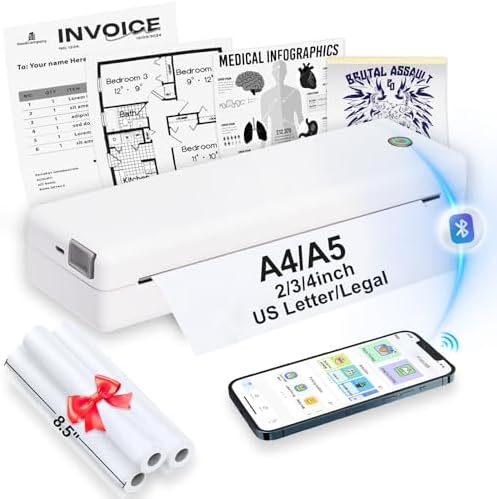 Portable Thermal-Printer Wireless for Travel - Inkless Bluetooth Small Printer W\/3 Rolls Paper for Smart Phone &amp; Computer, Support 8.5&#34; X 11&#34;, US Letter &amp;Legal, A4&amp;A5, Tattoo Sten