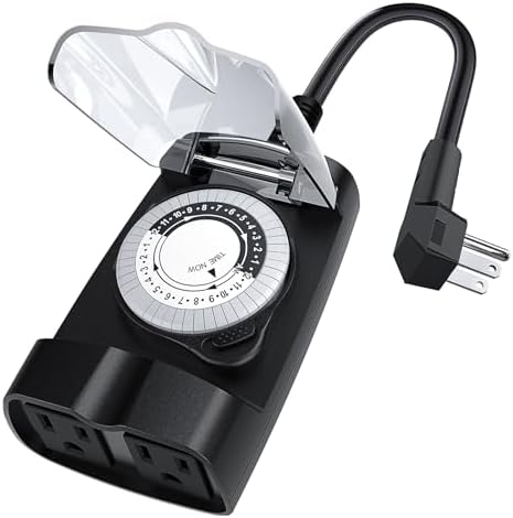 G-ELEK Outdoor Timer Waterproof, 24 Hour Light Timer, Timers for Electrical Outlets, Ideal for Pool Pump, Christmas Lights, Heavy Duty, 2 Grounded Outlets, ETL Listed, Black
