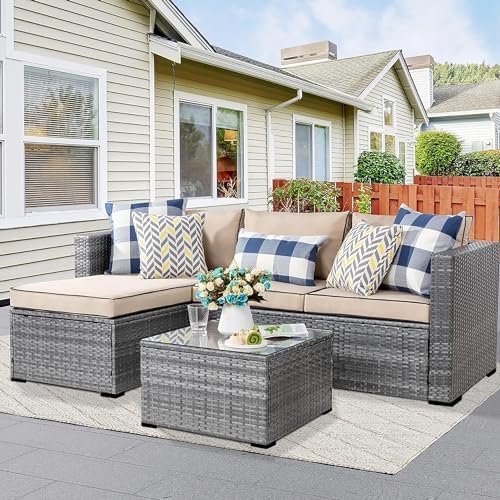Shintenchi 3 Pieces Patio Furniture Set,All-Weather Rattan Patio Conversation Set,Outdoor Sectional Silver Wicker Patio Couch with Washable Cushions and Glass Coffee Table(Khaki)
