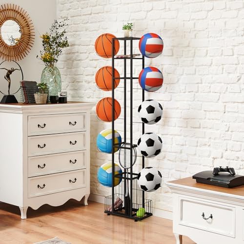 Sports Equipment Organizer Ball Storage Rack Freestanding Basketball Holder Vertical Garage Ball Storage Display Stand for Volleyball Football Badminton Black