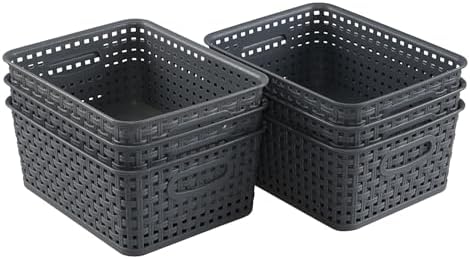 CadineUS 6-Pack Plastic Woven Storage Baskets, Small Baskets Dark grey