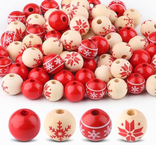 80 PCS Wooden Beads for Craft, 16mm Christmas Wood Beads Natural Wood Beads for Xmas Valentine&#39;s Day Saint Patrick&#39;s Day Party Decoration Home Decor DIY Craft Supplies(Style 1)