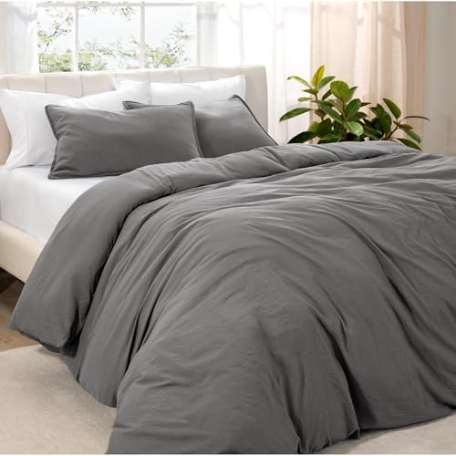 Bare Home Ultra Soft Washed Microfiber Duvet Cover with Zipper and Securing Ties, Linen-Like Look, Easy Care, Hypoallergenic (Twin\/Twin XL, Grey) with 1 Std. Pillow Sham