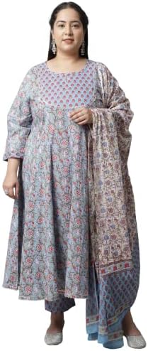 Rajnandini Women&#39;s Pure Cambric Cotton Printed Plus Size Kurta Set With Dupatta (JOPLJPR801X_Blue)