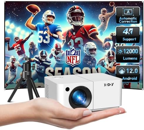 Mini Smart Projector, XGODY X2 Android 12 Portable HD Projector 12000L 1080P Support with WiFi and Bluetooth, Electric Focus\/Keystone, Built-in Prime V, YouTube 8000+ APP, Tripod Included(Pearl White