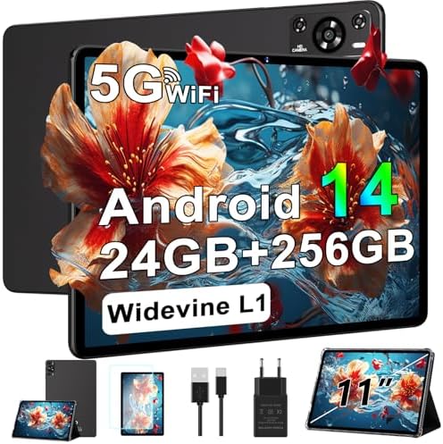 Tablet 11 inch, 2025 Android 14 Tablet with 24GB RAM 256GB ROM ( 1TB Expand ), Octa-Core Tablets with 13MP+5MP Camera, 8000mAh, IPS HD Touch Screen, 5G WiFi Widevine L1, GPS, Split Screen -Metal Black