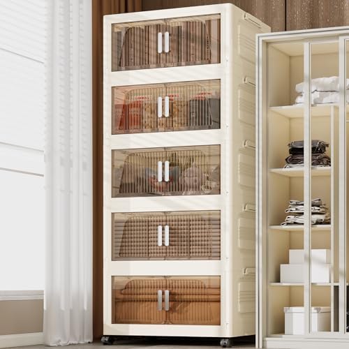 KHNR 400Qt Stackable Storage Bins with Lid, 5Packs Closet Organizer and Storaging Drawer, Collapsible Storage Box with Wheels, Plastic Clothes Storage Cabinet Containers for Home, Office, Dorm
