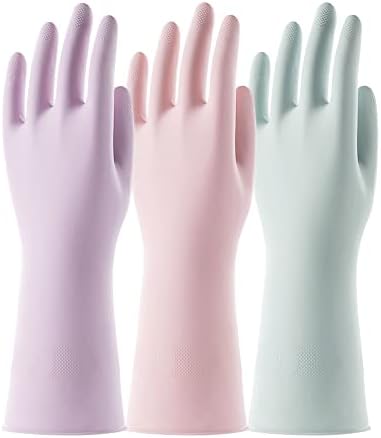 COOLJOB 3 Pairs Colorful Household Gloves with Cotton Liner &amp; Non-slip Grip, Water Resistant Reusable Dish Washing Rubber Gloves for Kitchen &amp; Bathroom Cleaning, Small