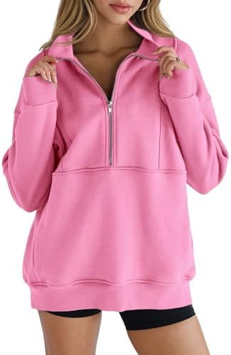 Women&#39;s Half Zip Sweatshirts Fleece Stand Collar Long Sleeve Thumb Hole Oversized Pullovers with Pockets
