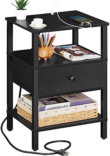 Lerliuo Nightstand with Charging Station and USB Ports, 3-Tier Storage End Table with Drawer Shelf, Night Stand for Small Spaces, Wood Bed Side Table for Living Room, Bedroom - Classic Black