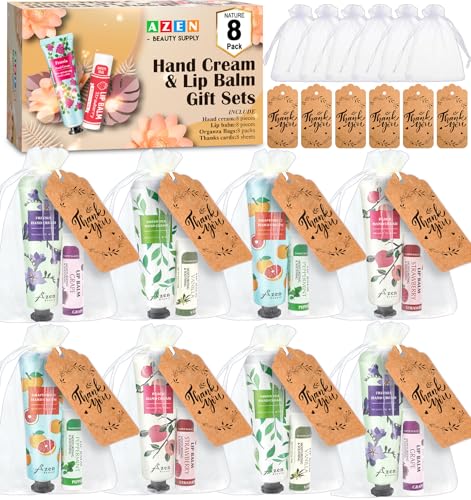 AZEN 8 Sets Bulk Gifts, Hand Cream and Lip Balm Bulk Set with Organza Bag Thank You Card, Baby Shower Wedding Gifts for Guests, Bridal Wedding Favors for Guests,Thank You Gifts for Women
