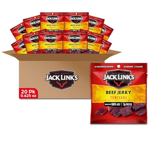 Jack Link&#39;s Beef Jerky, Teriyaki, Multipack Bags - Flavorful Meat Snacks for Lunches, Ready to Eat Protein Snacks, Individual Packs - 7g of Protein, Made with 100% Beef - 0.625 oz (Pack of 20)