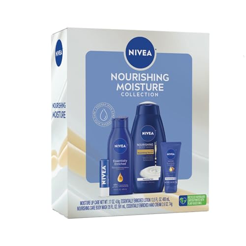 NIVEA Skin Care Set For Her, Nourishing Body Wash, Moisturizing Body Lotion, Lip Balm Stick with Shea Butter, &amp; Hand Cream, 4 Piece Gift Set