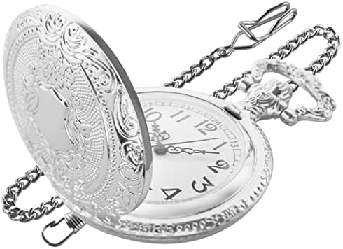Realpoo Silvery Shield Quartz Pocket Watch - Arabic Numeral Digital Scale with Chain Clip for Men
