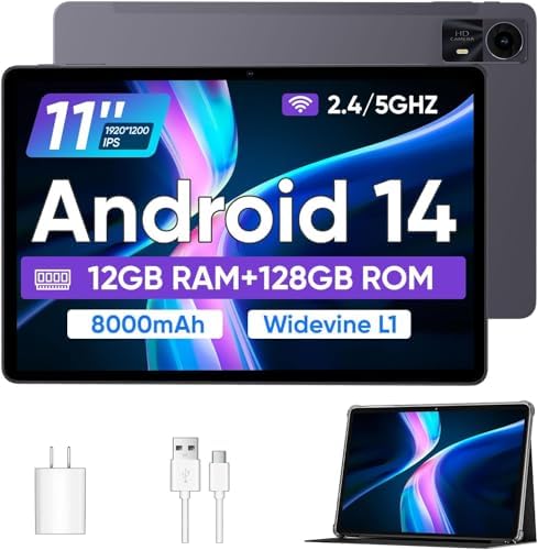 ECOPAD Tablets 11 inch Android 14 Tablet with Case, Octa-core 12GB RAM+128GB ROM,8000mAh Tablet with Dual Band WiFi\/BT 5.0\/GPS\/PD Fast Charge\/FM Radio - Black