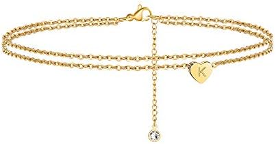Ursteel Ankle Bracelets for Women, 14K Gold Plated Dainty Layered Heart Initial Anklets for Women Gifts