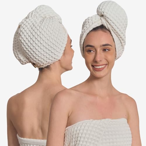 KOSMU Hair Towel  100% Cotton Silk Hair-Drying Waffle Wrap Turban for Women, Ultra-Absorbent, Anti Frizz, Hair Damage Protection for Straight and Curly Hair (Shell White, 1 Pack)