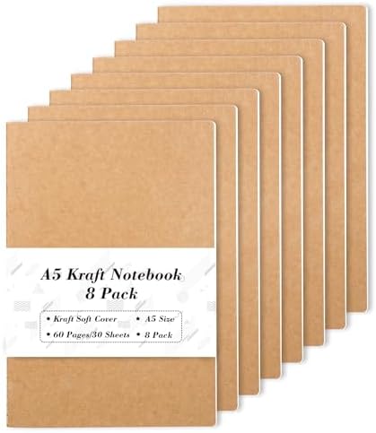 feela 8 Pack A5 Kraft Notebooks, 60 Lined Blank Pages Travel Journal Bulk, Soft Cover Notebooks for Women Girls Students, Making Plans Writing Memos Office School Supplies, 8.3 X 5.5 in