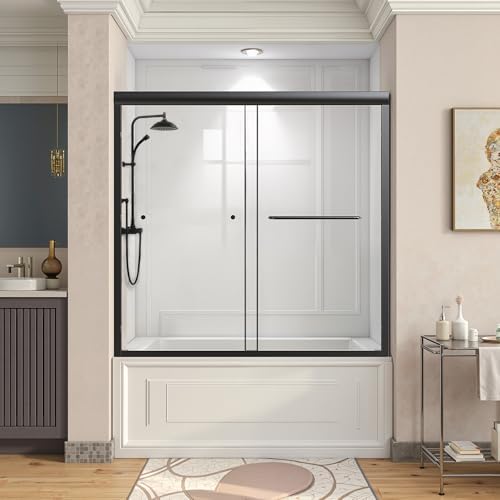 Osparple Shower Door 56-60in. W x 58in. H Semi-Frameless Double Sliding Glass Tub Shower Doors Bath Shower Door with 1\/4&#34; Clear SGCC Glass, Towel Rail and Auxiliary Handle for Bathroom, Classic B