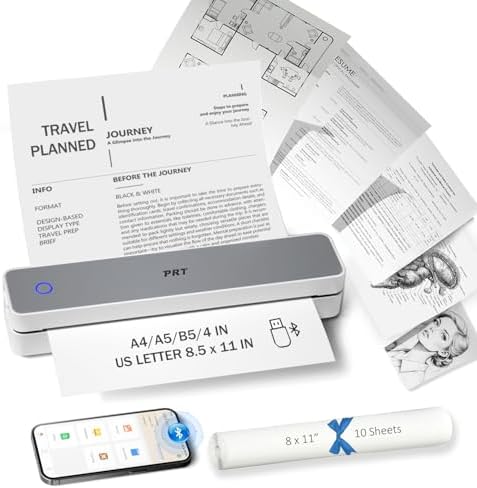PRT Inkless Portable Printer for Travel, Wireless Thermal Printer Support 8.5 x 11 Inch US Letter A4 B5, Bluetooth Mobile Printers with iOS, Android, Laptop for Home Use, Car, Office, School, Grey