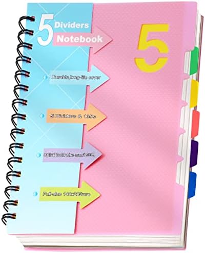 CAGIE 5 themed notebook college horizontal grid, small spiral notebook 5x7 with detachable partition label, lined spiral notebook, 0-page A5 spiral notebook, suitable for school note taking, pink