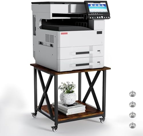 Vokumba 23.6 Inches Printer Table &amp; Wooden Copier Stand with Storage for Home Office, Rolling Printer cart with Industrial Wheels for Home\/Business, Rustic Brown