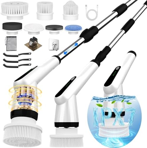 Electric Spin Scrubber, Dreazu IPX7 Bathroom Scrubber with 7 Replaceable Brush Heads &amp; Retractable Handle, 2-Speed Adjustable Shower Cleaner Brush for Bathroom, Bathtub, Kitchen, Tile Floors