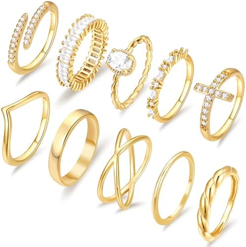 10 PCS 14K Gold Plated Rings Set for Women, Dainty Gold Knuckle Ring Non Tarnish, Simple Thumb Stacking Rings Pack Size 6\/7\/8\/9\/10