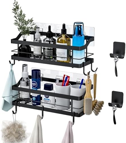 Carwiner Shower Caddy Bathroom Shelf 2-Pack, Basket with 8 Hooks for Hanging Shampoo Conditioner, Stainless Steel Rack Wall Mounted Storage Organizer for Kitchen, No Drilling