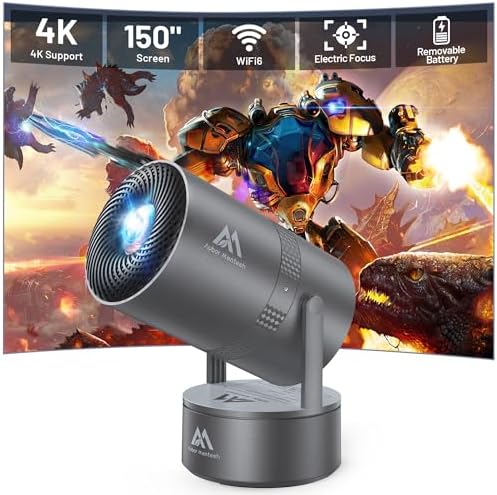 [Built-in Battery] Mini Projector with Wifi and Bluetooth, 4K 1080P Supported 270° Rotatable 150&#39;&#39; Screen Auto Keystone Home Outdoor Portable Smart Projector for Phone\/TV\/Laptop\/HDMI, Iron 