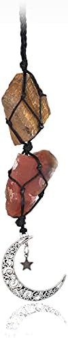 BOHO GARDEN Hanging Car Charm - Tiger&#39;s Eye &amp; Carnelian - Dangling Moon, Healing Crystal Accessories, Rearview Mirror Decorations - Courage, Harmony, Resilience, Transformation, Joy of Life, E