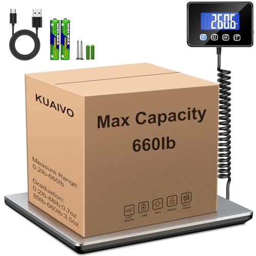 KUAIVO Shipping Scale, 660lbs Heavy Duty Digital Postal Scale for Packages, 0.35oz High Accurate Postage Scale for Small Business, Luggage, Home Use, Battery &amp; Charging Cable Include