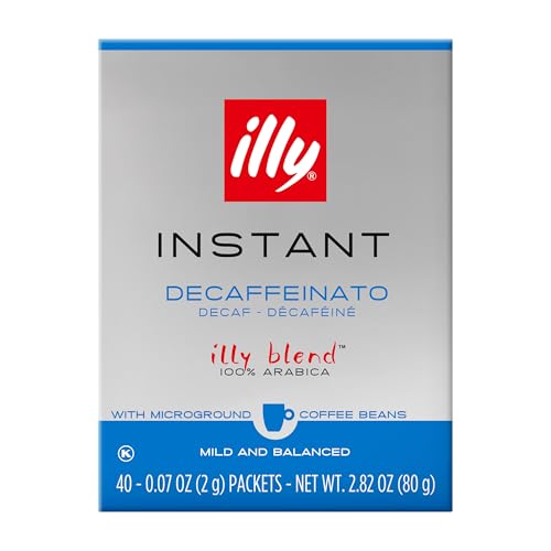 illy Instant Coffee Singles, Classico Decaf Medium Roast, Caramel &amp; Orange Blossom Notes, 40 Single-Serve Packets (2g Each) - Premium Arabica Coffee