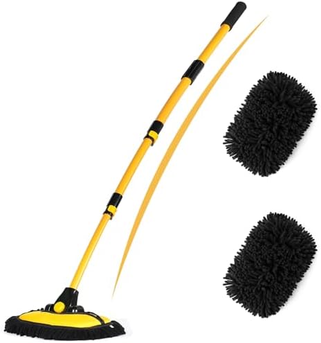 EVERRUSH 56.7&#34; Car Wash Brush Mop Kit Microfiber Car Washing Sponge Mitt with Long Handle Car Cleaning Supplies Tools RV Washing Duster Exterior Scratch Free, Chenille Replacement Head Extension P
