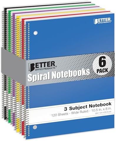 Better Office Products Spiral Notebooks 3-Subject, Wide Rule, 120 Sheet Notebook with Sturdy Pocket Dividers, 10.5 x 8 inches, 6 Assorted Primary Colors, 6 Pack