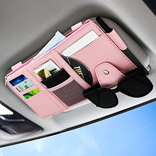 Car Sun Visor Organizer, Leather Pocket Organizer Sunglass Holder for Car Interior Accessories with Multi-Pocket Net Zipper (Pink)